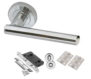 Polsished Chrome T-Bar Door Handle on Rose Bathroom Toilet Loo Set or Key Lock Set and Hinges (Bathroom Set)