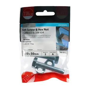 Timco - Set Screws & Hex Nuts - Grade 8.8 - Zinc (Size M10 x 50 - 2 Pieces)