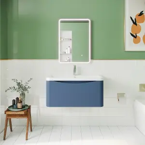 Wall Hung 1 Drawer Vanity Basin Unit with Polymarble Basin, 800mm - Satin Blue