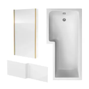 L Shape Bathtub, Front Panel and Fixed Screen - Brushed Brass