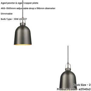 2 PACK Hanging Ceiling Pendant Light - Aged Pewter & Aged Copper Plate - 10W LED E27