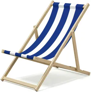 Folding Wood Deck Chair Wooden Beach Chair Seaside Sun Lounger Outdoor Garden Recliner Folding Deck Chair - Blue & White