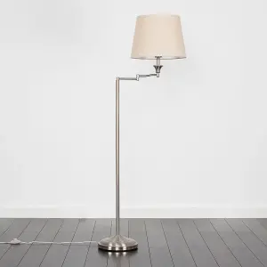 ValueLights Sinatra Adjustable Swing Arm Floor Lamp In Brushed Chrome Finish with Beige Light Shade