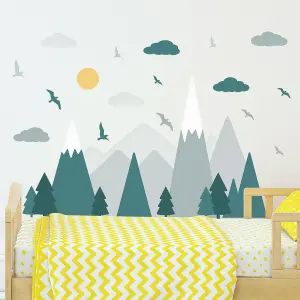 Walplus Combo Kids - Colourful Mountain Landscape Wall Stickers Green,Grey - 48pcs PVC