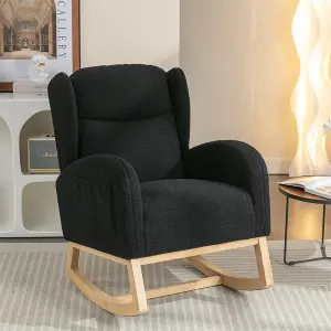 Modern Teddy Fabric Upholstered Rocking Chair Wingback Padded Seat For Living Room Bedroom, Black 