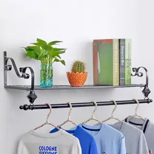 Black Metal Clothes Rail Wall Mounted Garment Hanging Rack with Display Storage Shelf W 700 mm