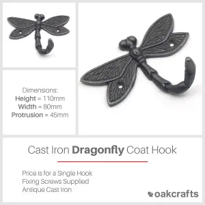 Oakcrafts - Antique Cast Iron Dragonfly Coat Hook - 110mm x 80mm