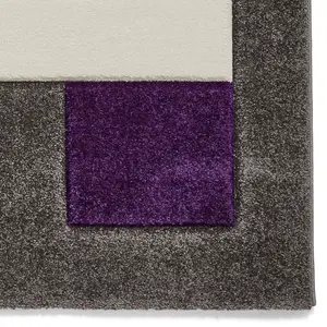 Grey Purple Modern Easy to Clean Bordered Chequered Geometric Rug For Dining Room-80cm X 150cm