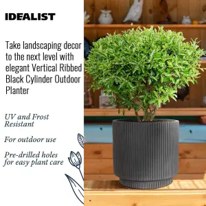 IDEALIST 30cm Round Planter with Drainage Holes, Ribbed Black Reinforced Stone Cylinder Outdoor Plant Pot D30 H30 cm, 16L