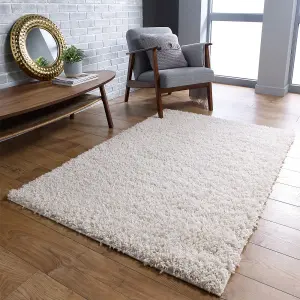 Modern Easy to Clean Cream Plain Shaggy Rug for Living Room and Bedroom-80cm X 150cm