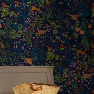 Enchanted Woodland Navy Floral Wallpaper