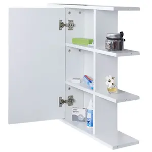 URBNLIVING Height 60cm Wooden Wall White Bathroom Storage Cabinet with Mirror and 1 Single Door