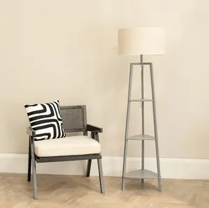 ValueLights Hiru Grey 3 Tier Shelved Wooden Floor Lamp with Linen White Trim Drum Shade