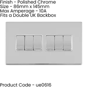 5 PACK 6 Gang Multi Light Switch SCREWLESS POLISHED CHROME 2 Way 10A Rocker