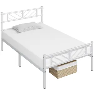 Minimalist Metal Slatted Bed Platform with Arrow Design Headboard White / Single (3')