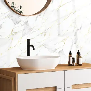 Glossy Marble Tile Stickers Thick Backsplash 24pcs 15cm(6") -Modern White