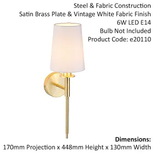 Satin Brass Plated Wall Light & White Cotton Shade - Modern Sconce Fitting