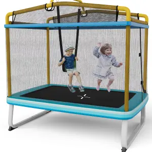 Costway 3-in-1 Kids Trampoline 6FT Rectangle Toddler Trampoline w/ Swing Horizontal Bar