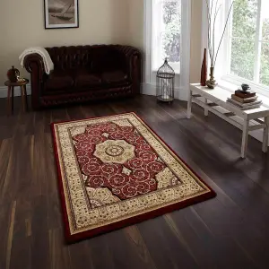 Red Traditional Easy to Clean Bordered Floral Rug For Dining Room-150cm (Circle)