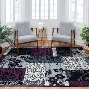 Purple Black Grey Floral Patchwork Living Room Rug 280x365cm