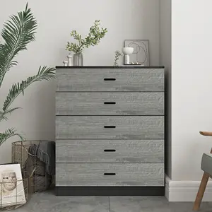 URBNLIVING Height 90.5cm 5 Drawer Wooden Bedroom Chest Cabinet Modern Black Carcass and Ash Grey Drawers Wide Storage Cupboard