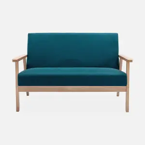 sweeek. Armchair and 2-seater sofa in hevea wood Isak set Petrol Blue 114x69.5x73 cm