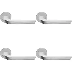 4 PACK - Premium Art Deco Door Handle Set - Satin Chrome Reeded Lever on Round Rose