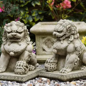 Pair of Foo Dog Stone Statues Oriental Lion Outdoor Garden Ornament Buddha Sculpture