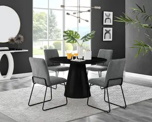 Furniturebox UK Palma Black Semi-Gloss Round Pedestal Dining Table & 4 Dark Grey Fabric Halley Black Leg Chairs