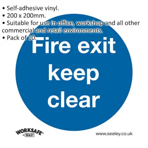 Pack of 10 Self-Adhesive Fire Exit Keep Clear Safety Signs - 200mm x 200mm