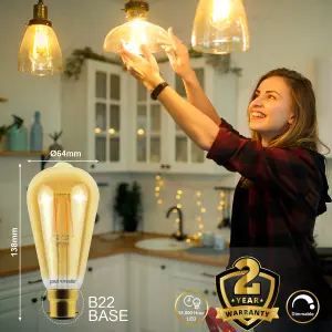 paul russells LED Filament Dimmable ST64 Bulb, BC B22, 7W 725 Lumens, 60w Equivalent, 2200K Extra Warm White Amber, Pack of 6