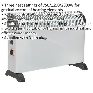 2000W Convector Heater - Rotary Thermostat - 3 Heat Settings - 230V Supply