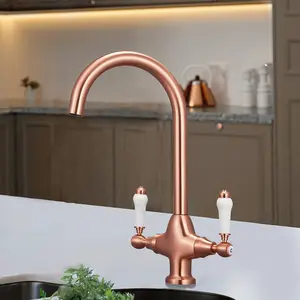 Nes Home Antique Copper & White Ceramic Handle Twin Lever Kitchen Mixer Tap Swivel Spout