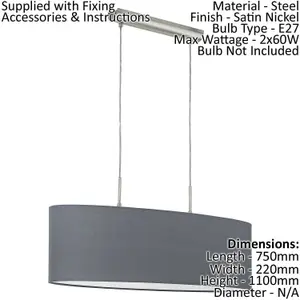 Pendant Ceiling Light Colour Satin Nickel Steel Shade Grey Fabric Bulb E27 2x60W