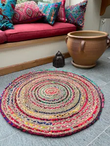 MISHRAN Round Jute Area Rug Hand Woven with Recycled Fabric 60 cm Diameter