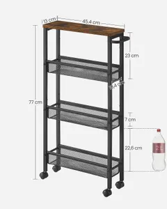 VASAGLE 4-Shelf Trolley, Space-Saving Kitchen Cart with Wheels, Steel Frame, Handle, Rustic Brown and Black