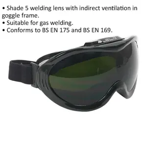 Gas Welding Goggles - Shade 5 Lens - Indirect Ventilation - Adjustable Band