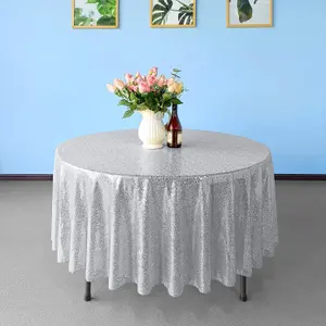 Neel Blue 70 Inch Round Sequin Tablecloth, Silver