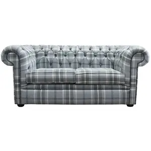 Chesterfield Handmade Tartan 2 Seater Sofa Balmoral Dove Grey Fabric In Classic Style