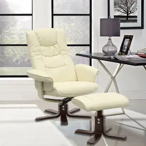 Beige Recliner Chair and Footstool Set,PU Leather Upholstered Swivel Reclining Armchair Lounger Sofa Chair with Ottoman