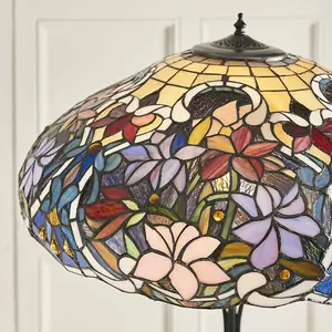 1.5m Tiffany Twin Floor Lamp Dark Bronze & Floral Stained Glass Shade i00027