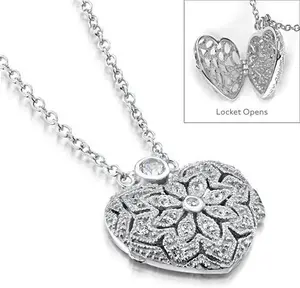 Vintage Heart Locket Lab Diamond Necklace White Topaz In 925 Silver