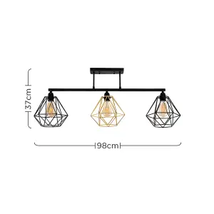 ValueLights Fillatt Industrial 3 Way Satin Black Pipework Ceiling Light with Black and Gold Cage Shades