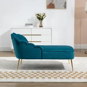 Lissone 130cm Wide Teal Velvet Fabric Shell Back Chaise Lounge Sofa with Golden Coloured Legs