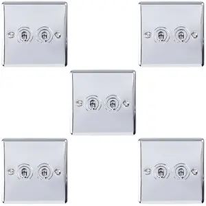 5 PACK 2 Gang Double Retro Toggle Light Switch POLISHED CHROME 10A 2 Way Plate