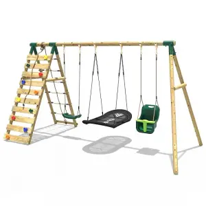 Rebo Wooden Swing Set with Up and Over Climbing Wall - Skye Green