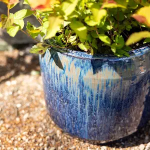 Primrose Stoneware Round High Gloss Garden Planter In Blue Mix 27cm