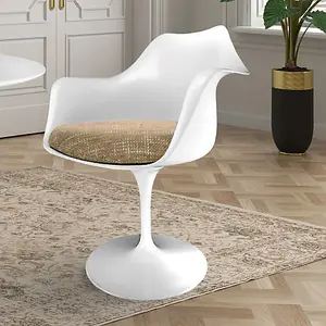 White Tulip Armchair with Beige Textured Cushion