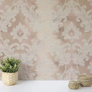 Wallquest Villa Rosa Damask Leaf Taupe Wallpaper Floral Leaves Acrylic Coated