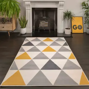 Yellow Ochre Grey Diamond Geometric Living Room Rug 280x365cm